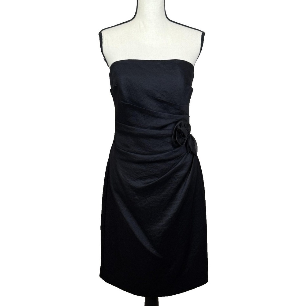 White House Black Market Dress Womens 6 Black Strapless Ruched Sheath Satin LBD